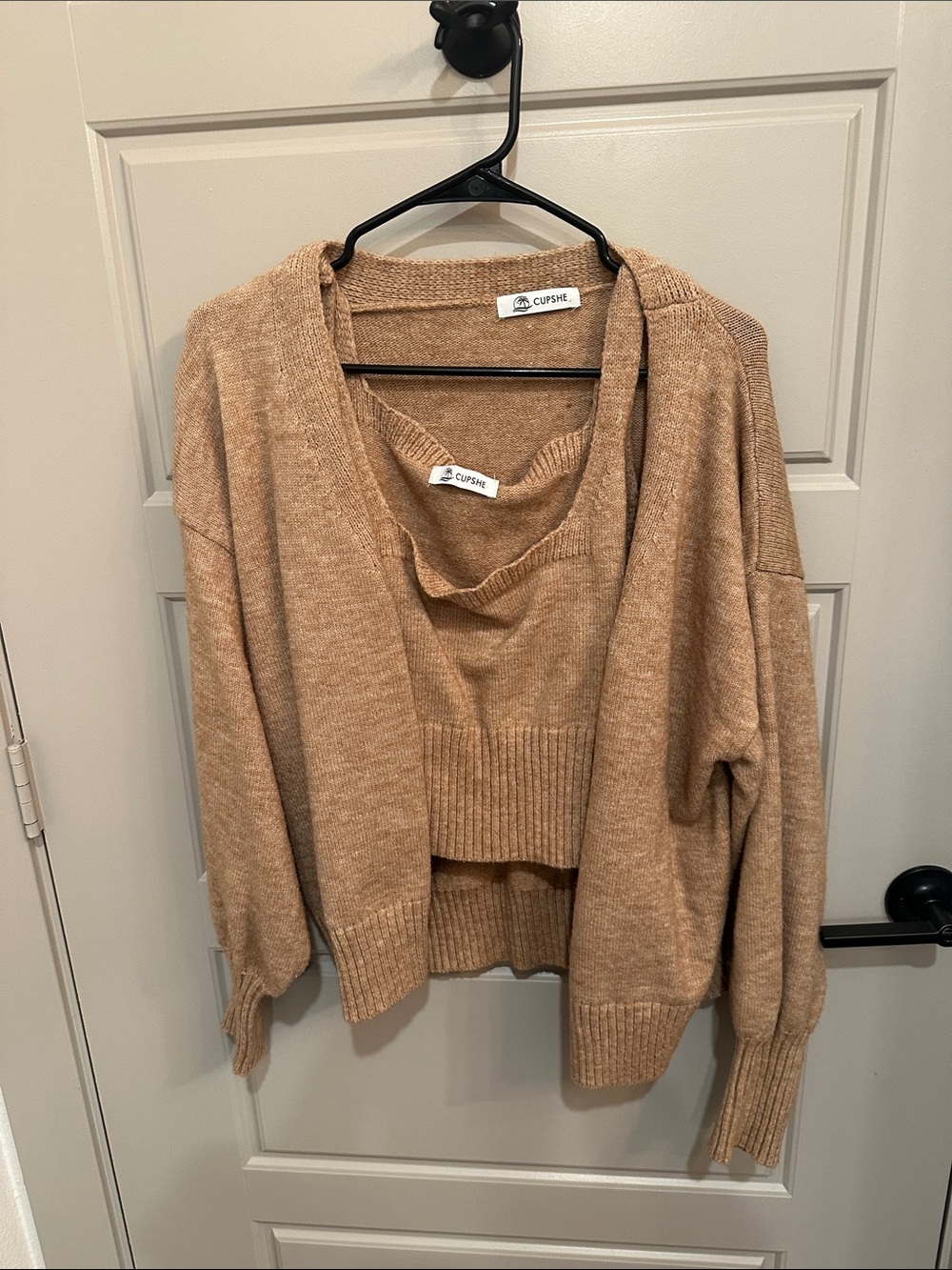 Cupshe Tan Knit Cardigan and Cropped Pullover Set